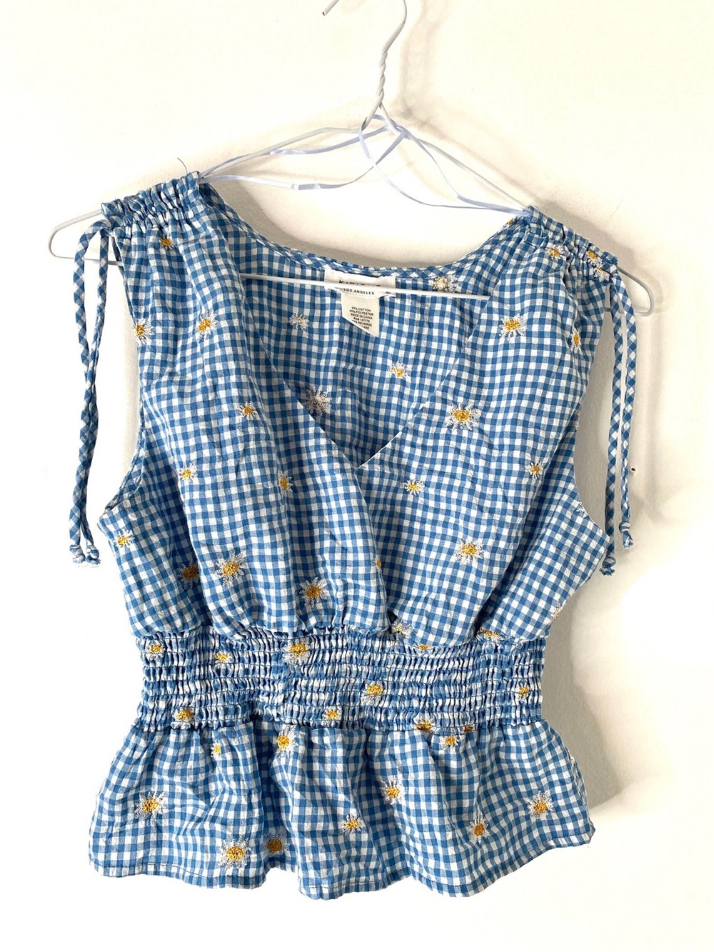 Kirious Blue White Gingham V Neck Tank Top Smocked Waist Floral Embroidery